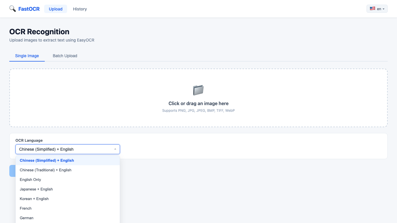 Fast OCR language selector showing multilingual OCR options