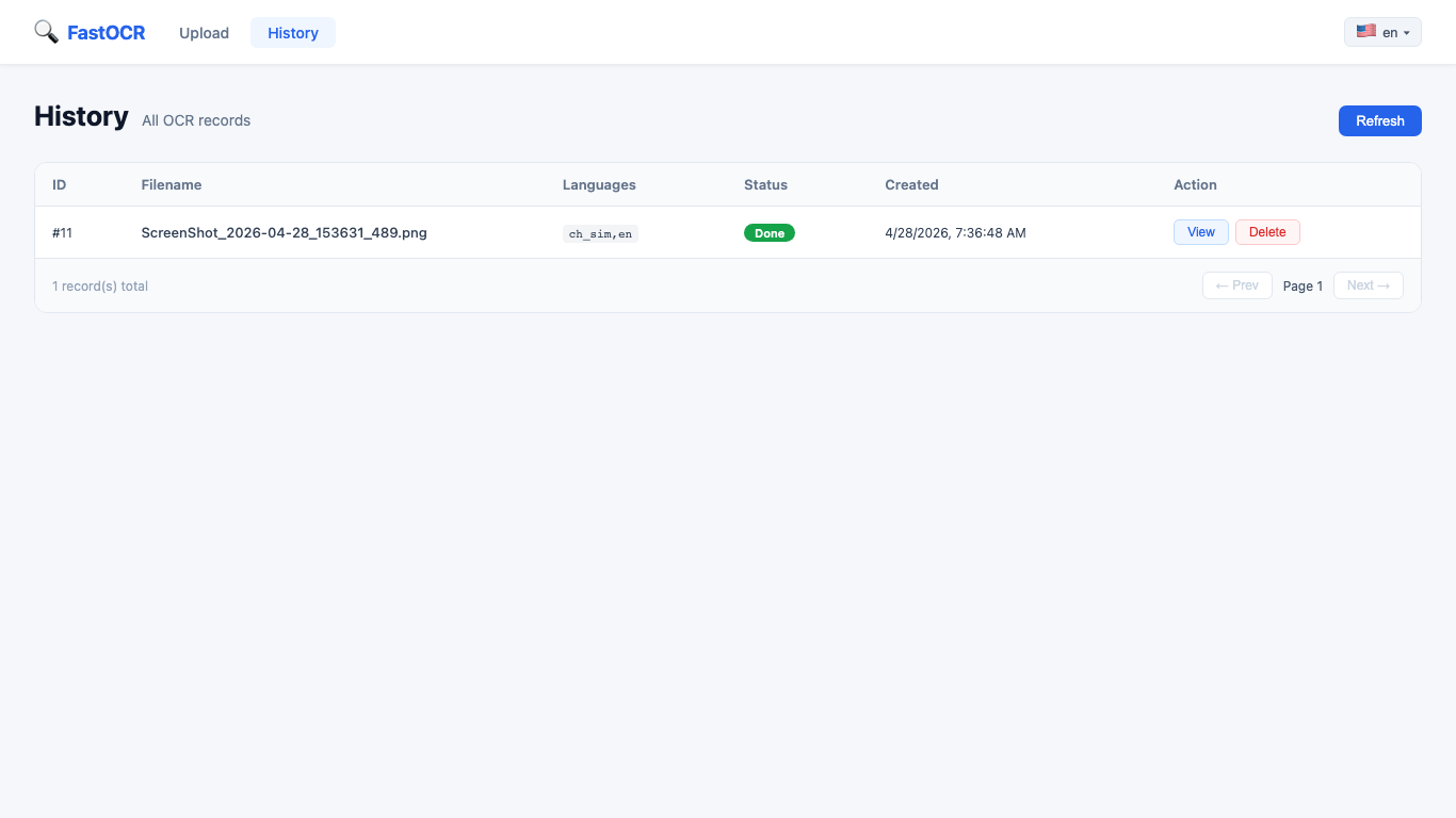 Fast OCR history screen with saved OCR records