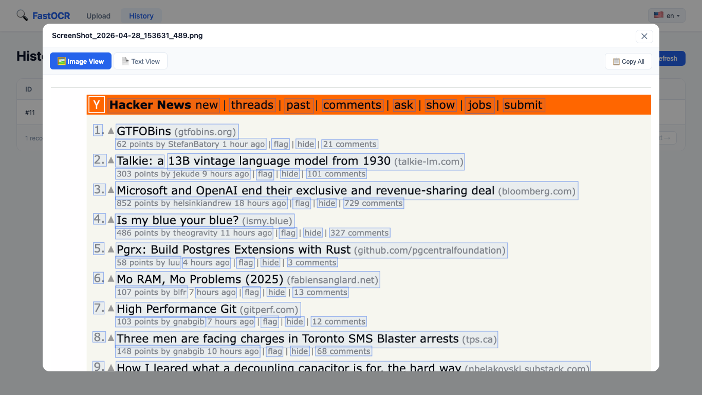 Fast OCR image view with detected text boxes and copy toast