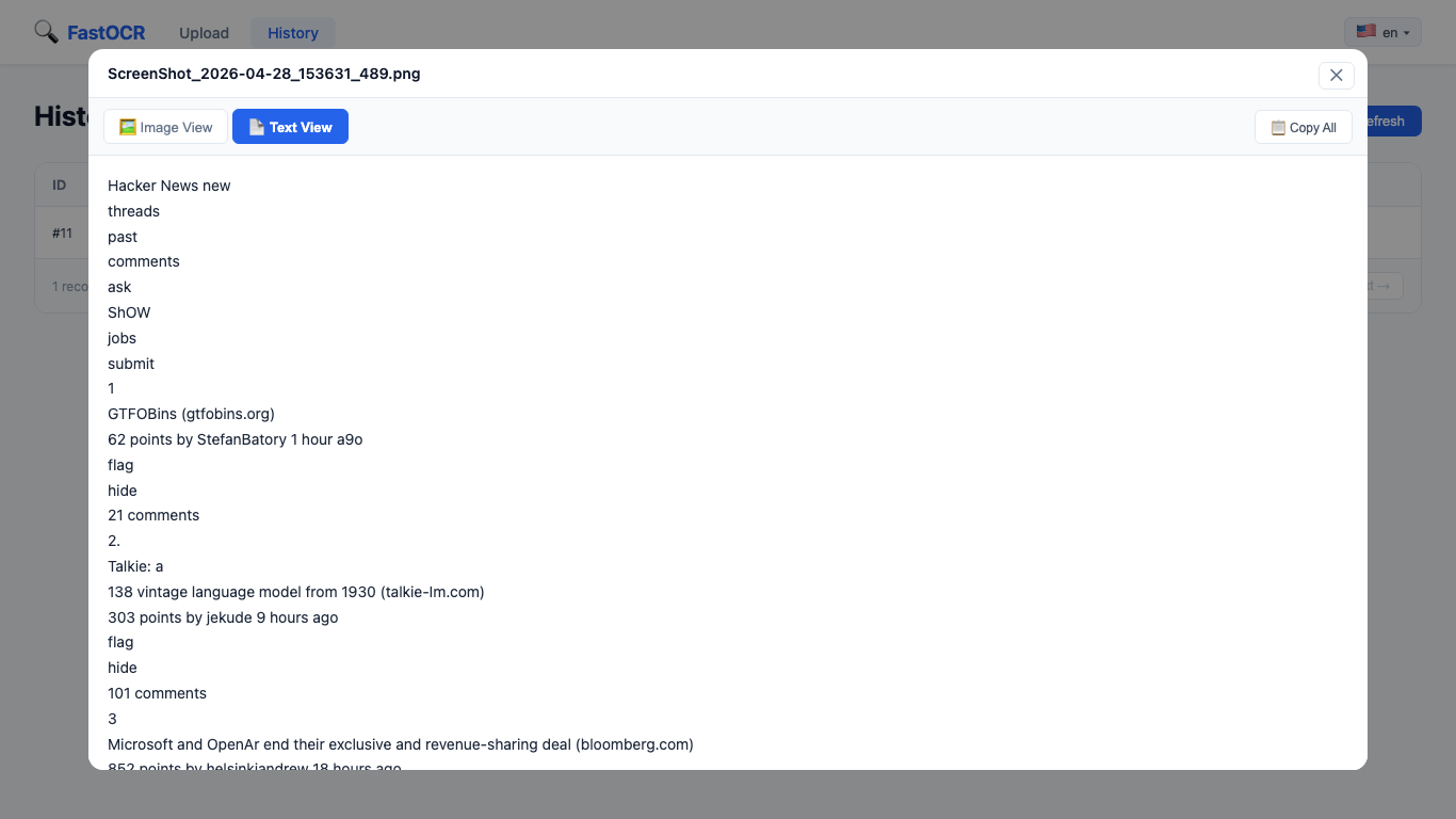 Fast OCR text view with extracted OCR results and confidence scores